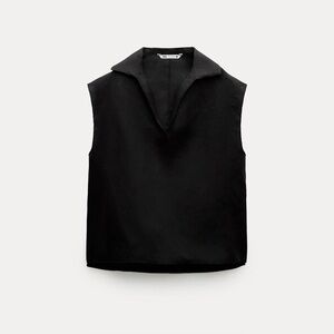 ZARA 100% LINEN COLLARED SLEEVELESS V NECK BLOUSE TOP EDGY CHIC Black S